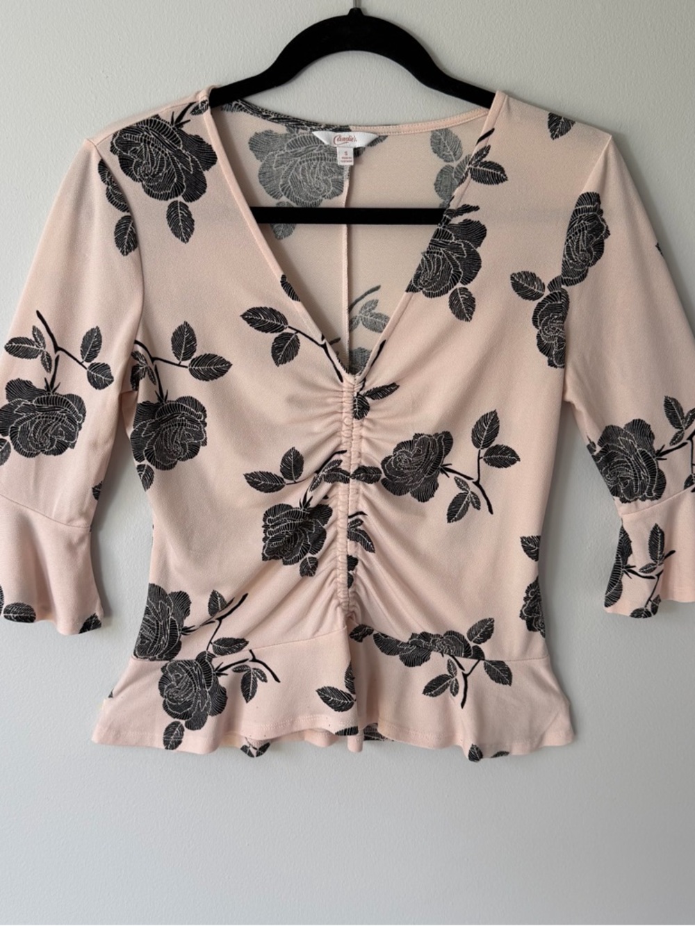 Y2K Coquette Romantic Floral Ruched Top‎ Pink Black Peplum Bell Sleeve Small